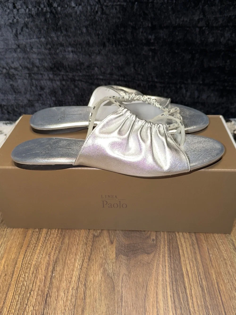 Paolo Metallic Silver Ruched Slide Sandals